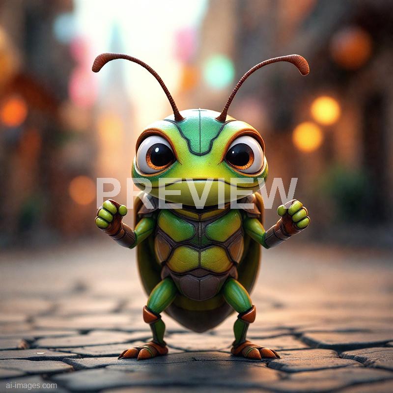 A highly detailed animated character of a small, anthropomorphic insect with a cute, expressive face. The character has large, shiny eyes, a bright green head with antennae, and a segmented body with a shell-like appearance. It stands on a textured surface with a soft, blurred colorful background that features warm tones and bokeh effects, emphasizing its lively and friendly expression.